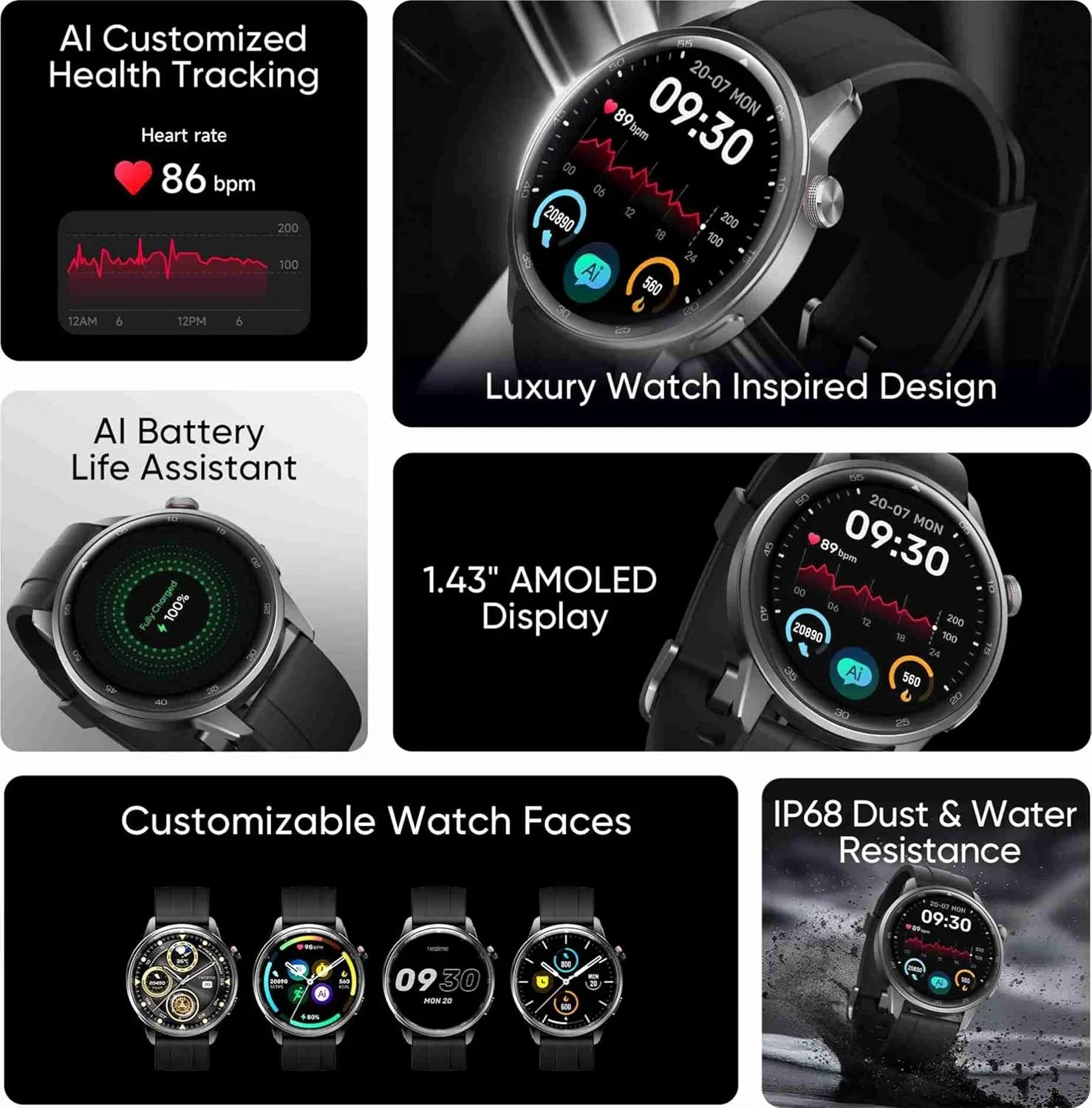realme Watch S2, 1.43" AMOLED Display, IP68 Dust & Water Resistance, Customisable Watch Faces, AI Customised Health Tracking, Super AI Engine & Upto 20 Days Battery Smartwatch - (Black Band/Black)
