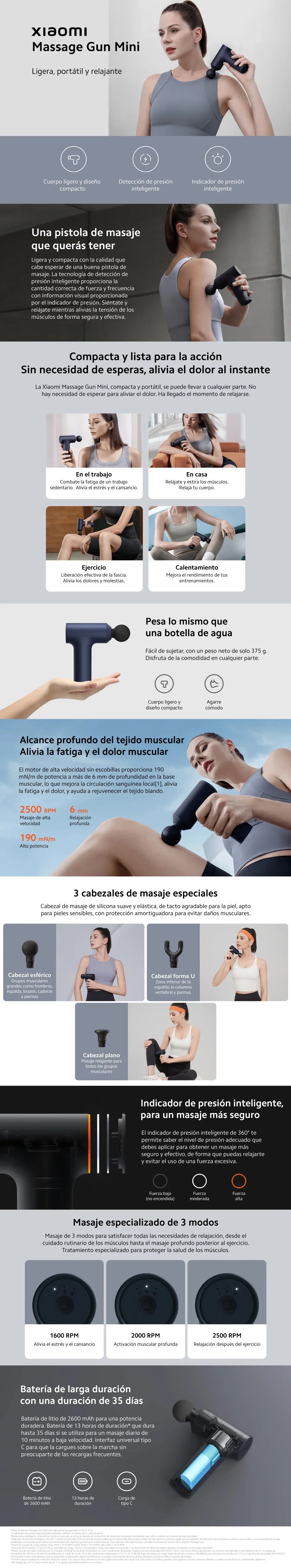Pistola Masajeadora Xiaomi Mini Portátil, Alivio Muscular Profundo, 3 Cabezales